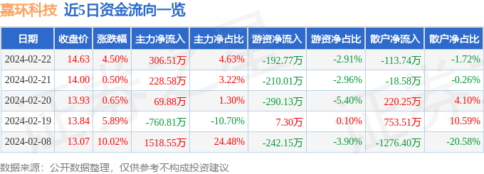 嘉环科技（603206）2月22日主力资金净买入30651万元